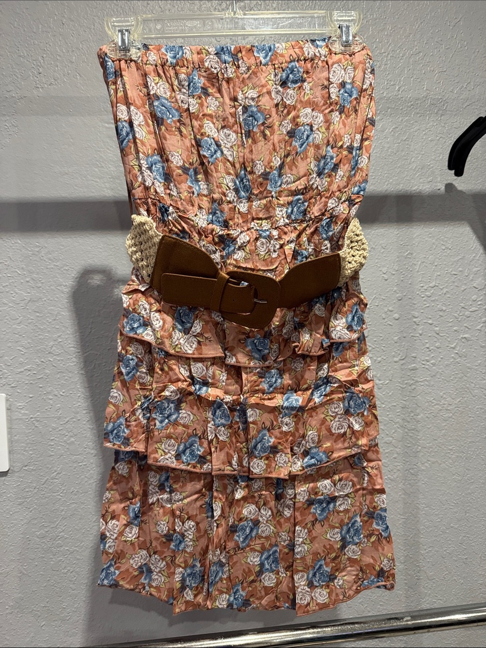 mine Peach Floral Strapless Tiered Dress with Blue Accents